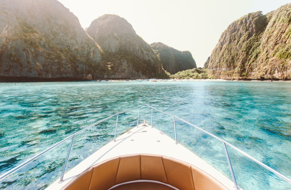 A view of Phi Phi Island from a longboat in the sea