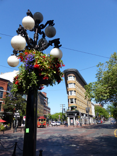 A streetscape with streetlight in Gastown