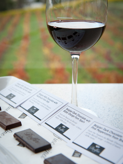 A glass of red wine and chocolate overlooking a vineyard