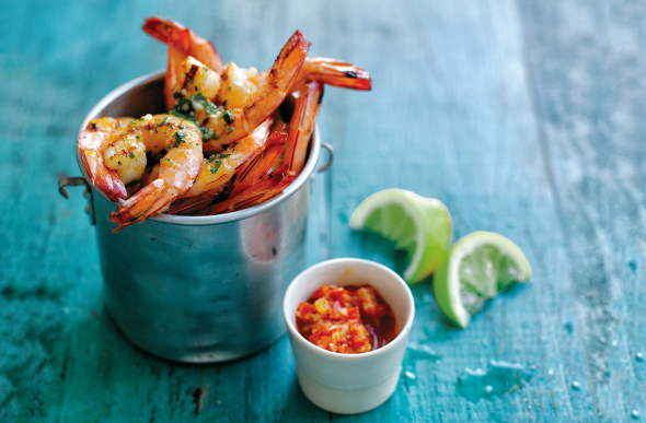 Grilled prawns in a bucket