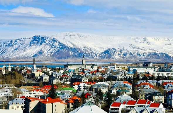  Reykjavik, Iceland as seen from the highest view point in the city center, with Mt. Esja in background.