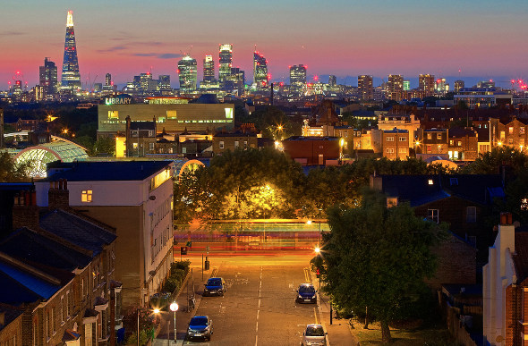 The view from London's Bussey Building at dusk.