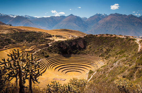 Terraced hillsides at Moray, an Incan agricultural site in the Sacred Valley of Peru.