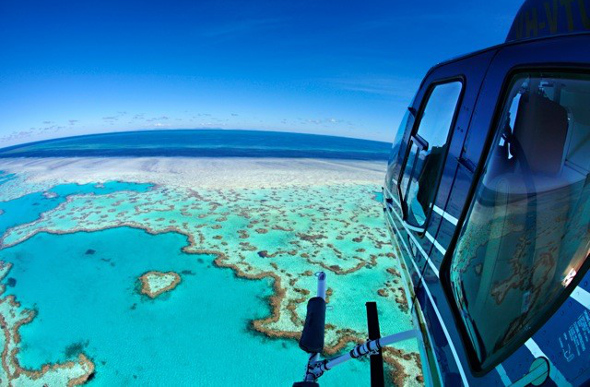 The view from a helicopter over the Great Barrier Reef in the Whitsundays.