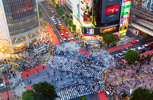 Aerial view of a busy crossing in Tokyo