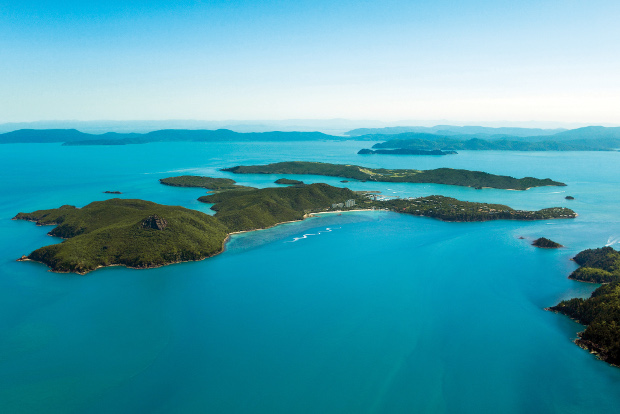 An aerial view of Hamilton Island in the Whitsundays.