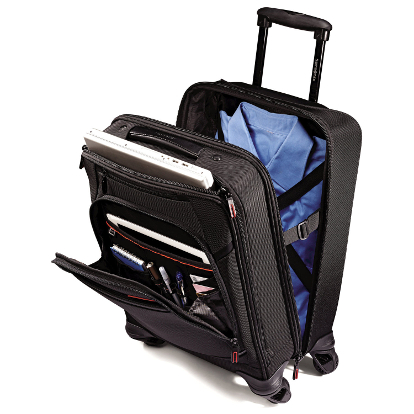 A samsonite luggage with pockets exposed to show its features