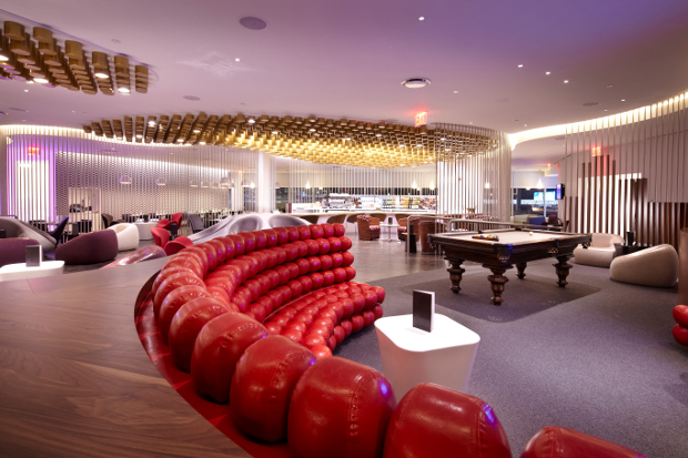 A view over the communal seating areas of the Virgin Atlantic lounge 